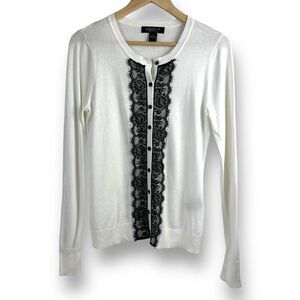 August Silk Women's Size S Button Up Cardigan Ivory With Black Lace‎ Inset